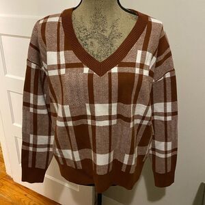 NWT Christian Siriano New York Burnt Orange and Cream Plaid V Neck Sweater